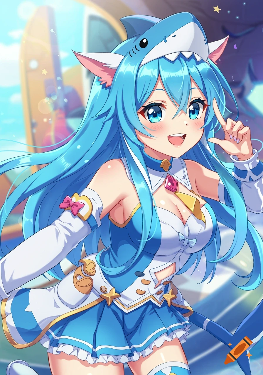 Anime girl with blue hair and a shark hood smiles and gestures