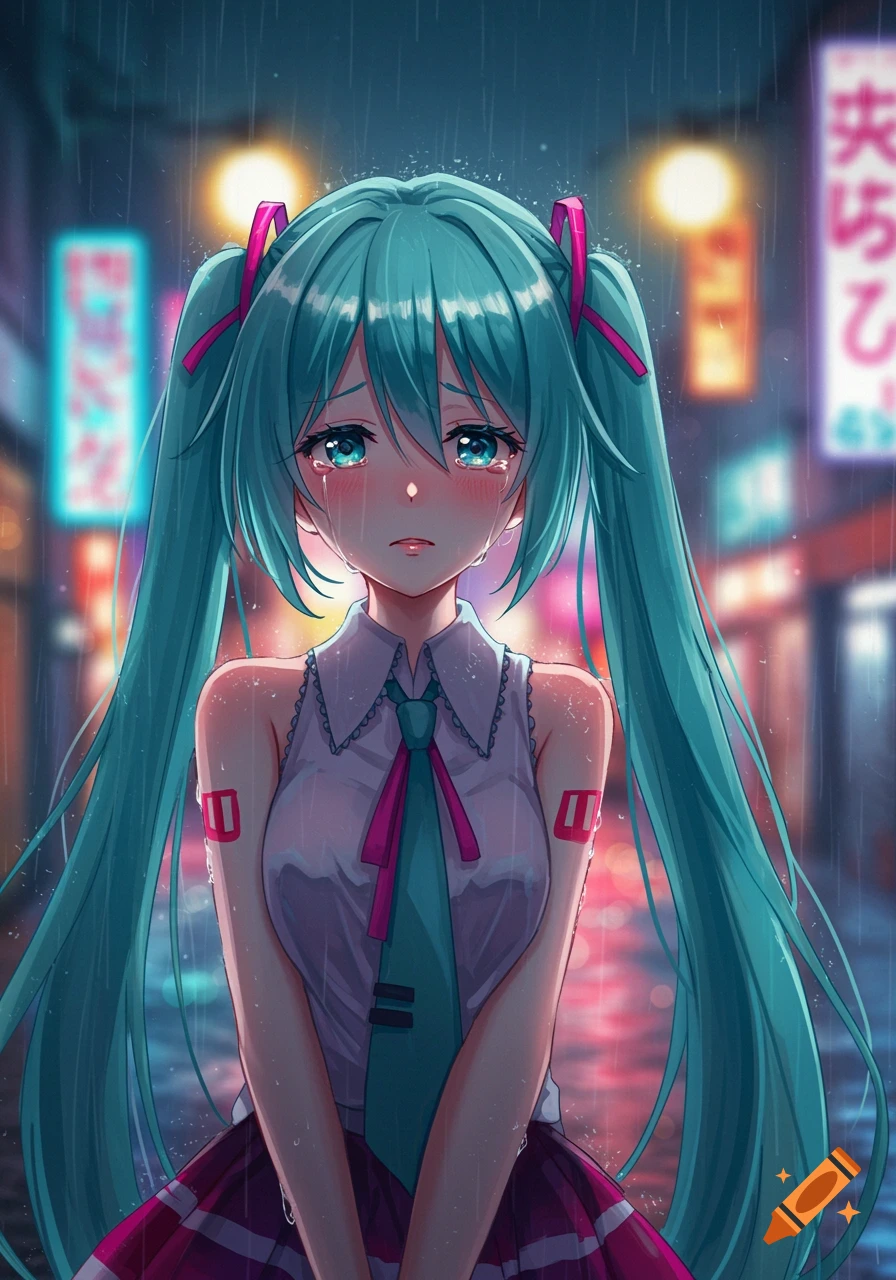 An anime girl with teal twintails cries in the rain at night in an urban street.