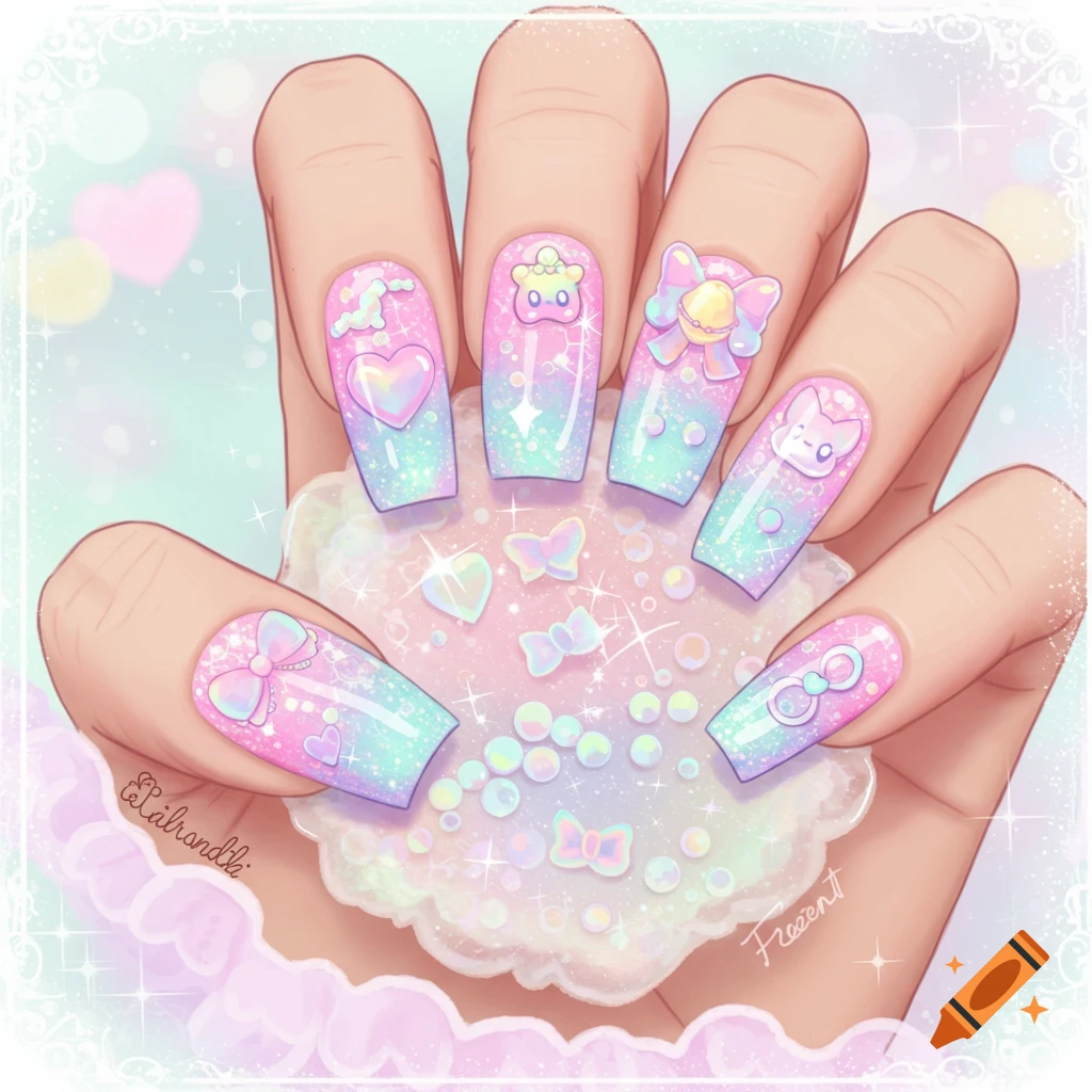 A hand with sparkly pastel gradient nails decorated with cute charms, holding a glittery object.
