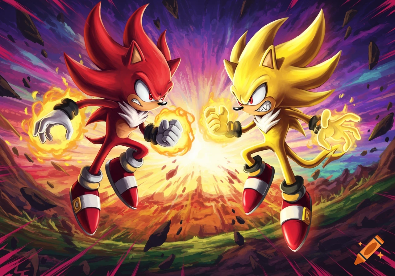 Red and yellow Sonic-like characters facing off with energy glowing hands in explosive landscape, anime style.