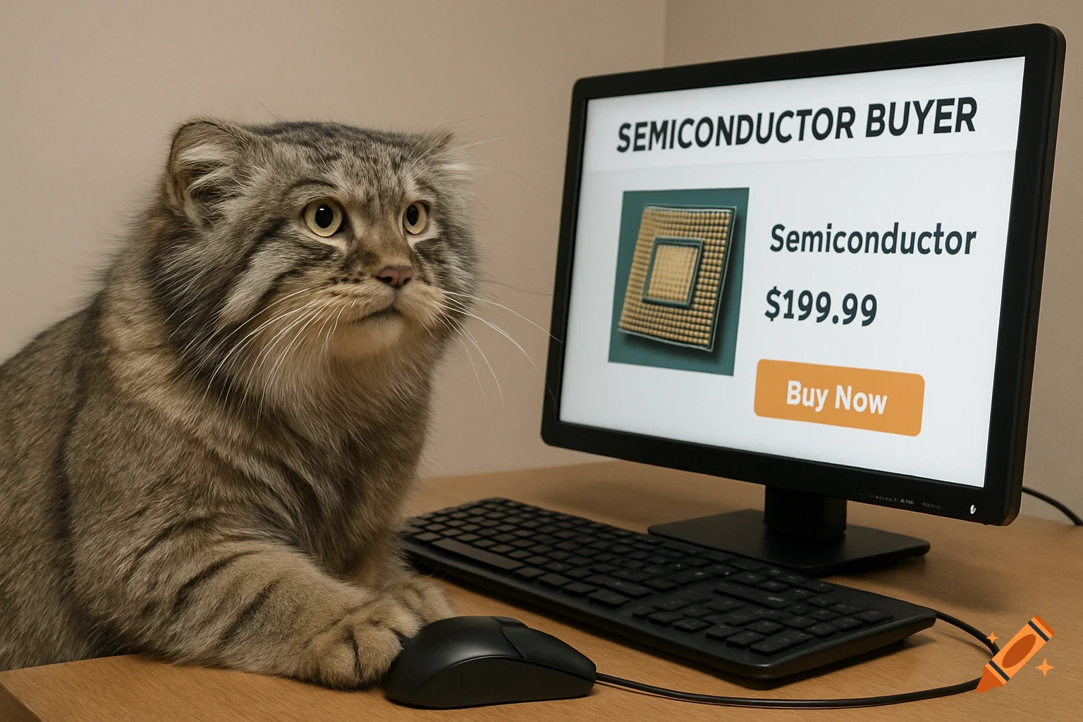 Pallas's cat sits at a computer looking at a semiconductor product page ...