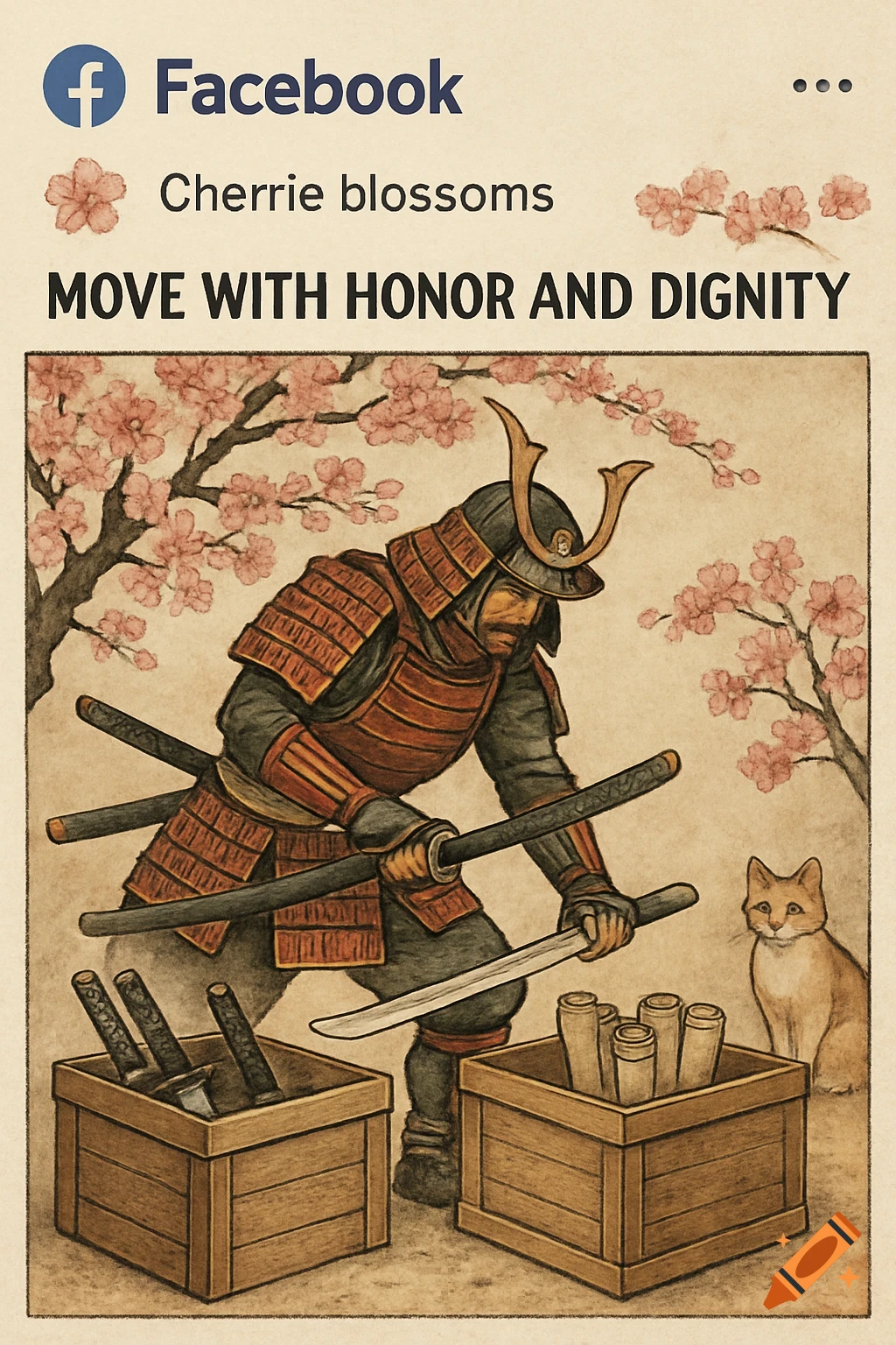 A samurai in armor moves swords and scrolls, with cherry blossoms and a cat. Traditional Japanese art style.