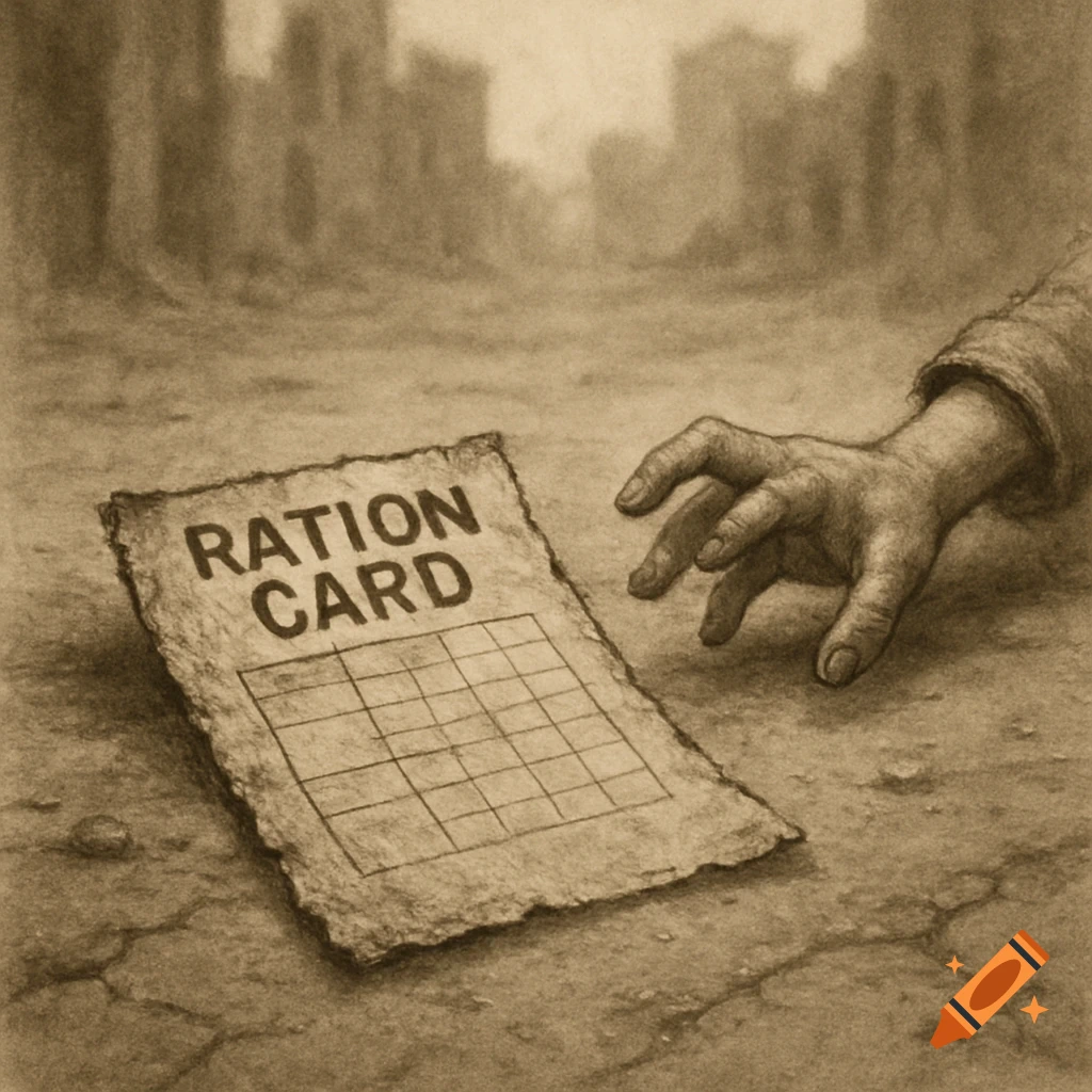 A hand reaches for a tattered ration card lying on cracked ground in a drawing style.
