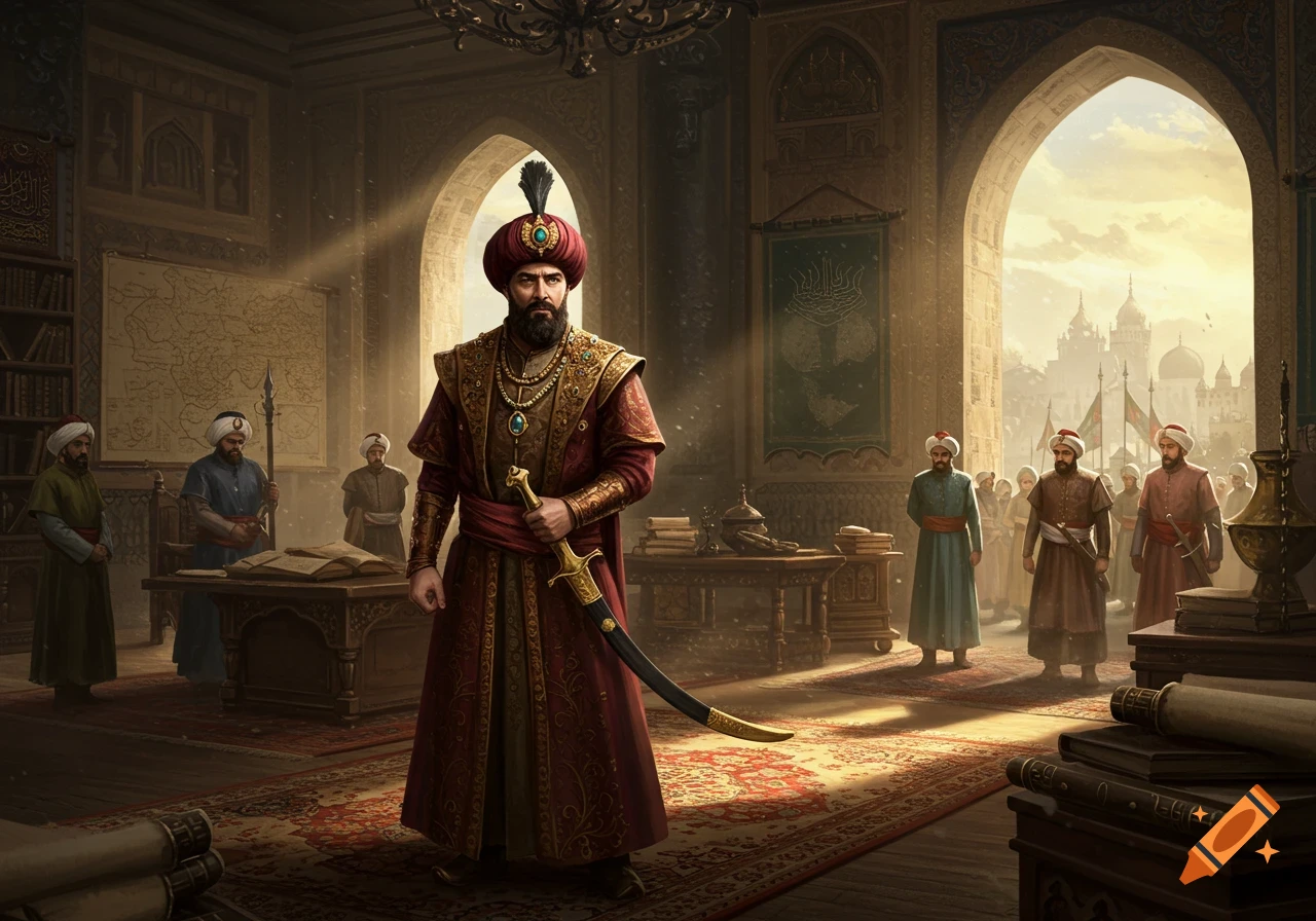 Regal figure in historical robes stands in a grand war room with ...