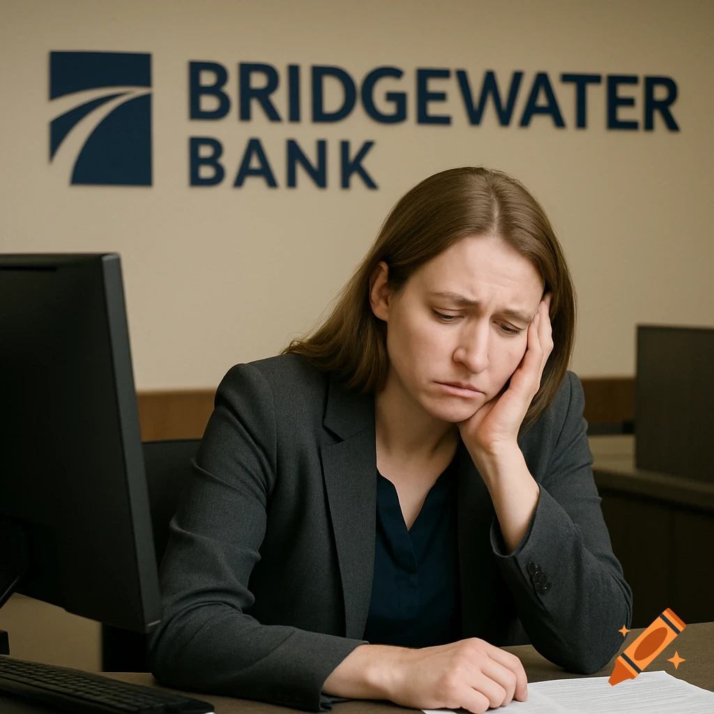 A sad woman sits at a desk in a bank office with the Bridgewater Bank logo on the wall.