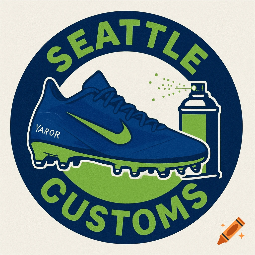 Circular logo for Seattle Customs featuring a blue and green football cleat and a spray paint can.