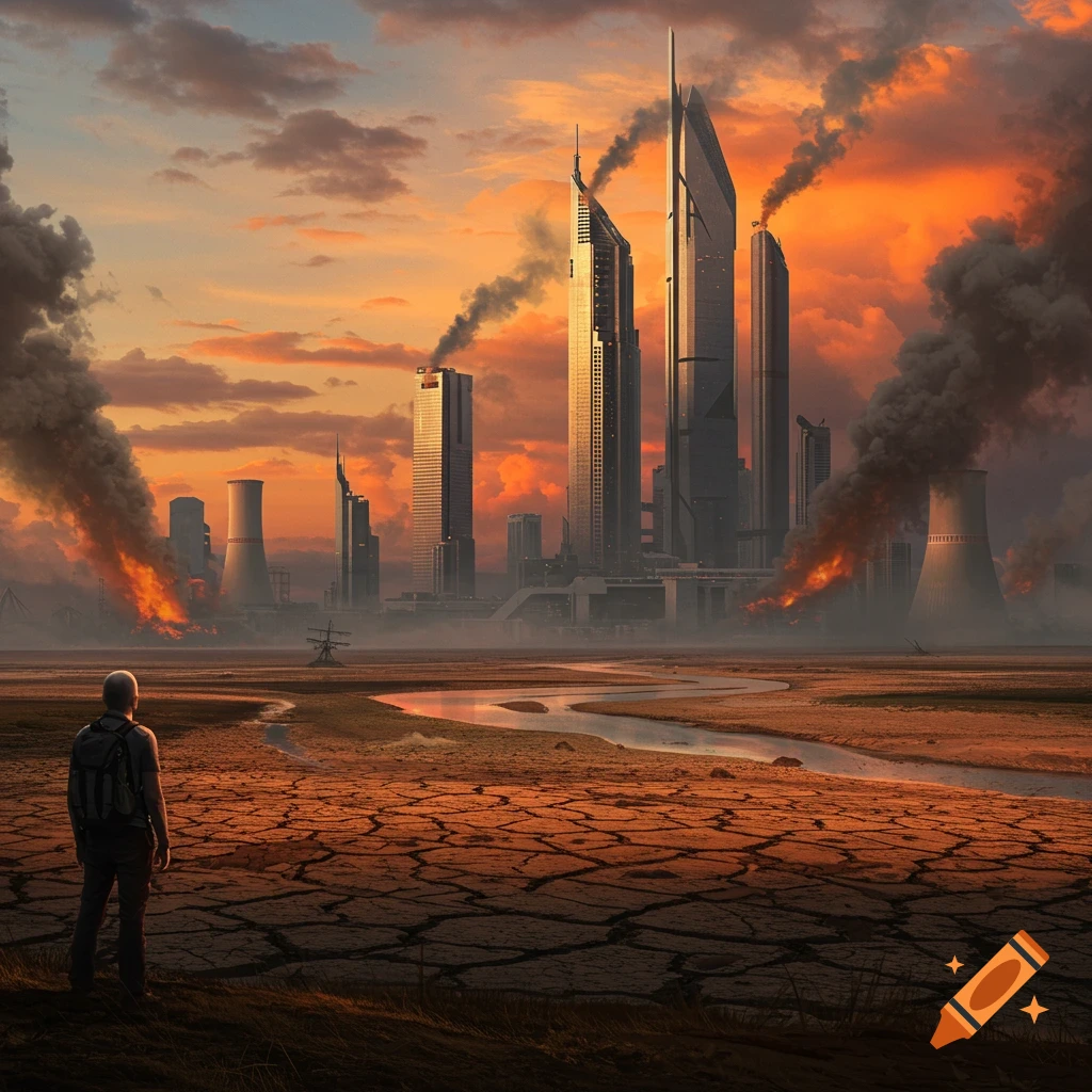 A person stands on cracked ground, looking towards a futuristic city with smoking buildings under an orange, polluted sky, depicting climate impact.