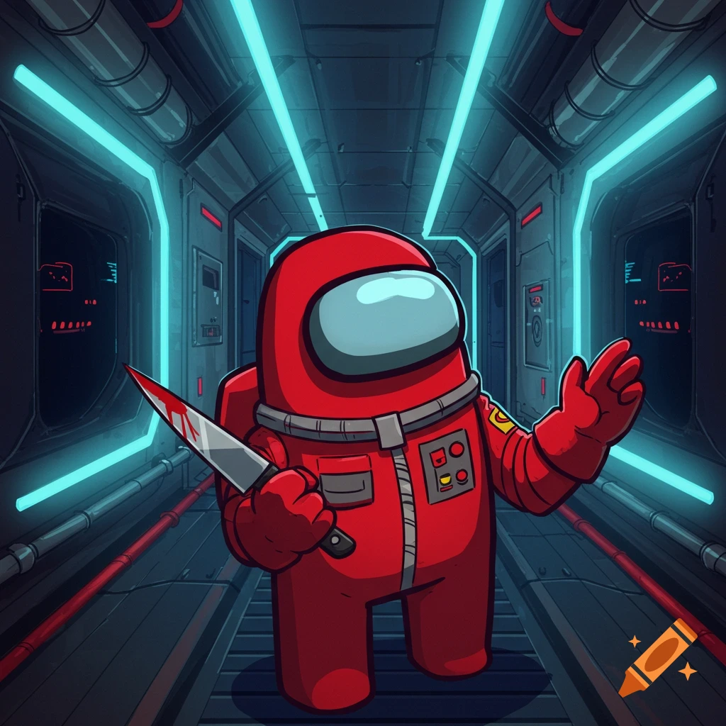 Red Among Us character with bloody knife in spaceship corridor