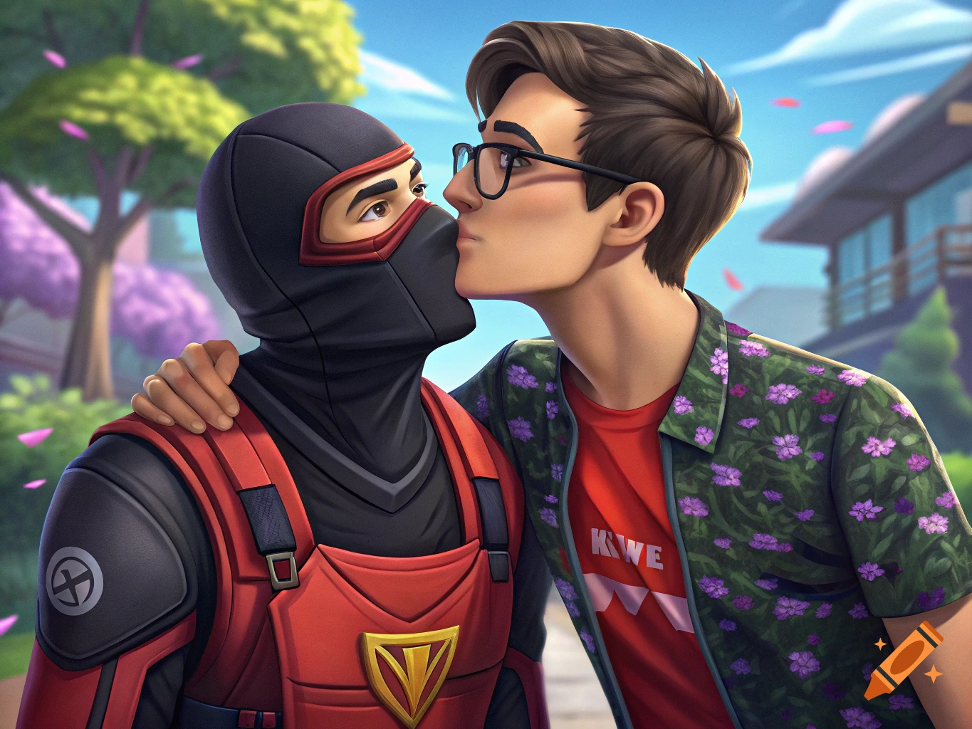 Stylized image of a ninja character and a man in glasses kissing outdoors.