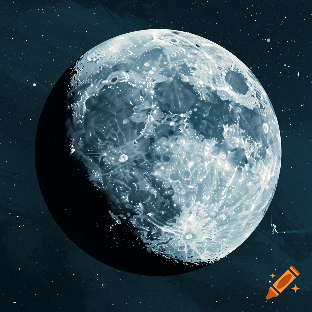 Retro illustration of a detailed full moon in space with stars and a small dangling astronaut figure.