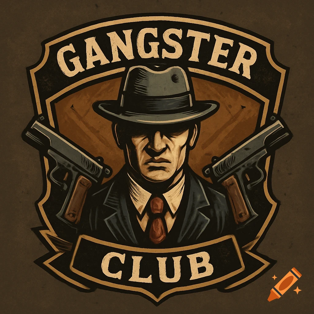 Vintage-style badge logo featuring a man in a fedora and suit flanked by two pistols, with banners reading "GANGSTER" above and "CLUB" below.