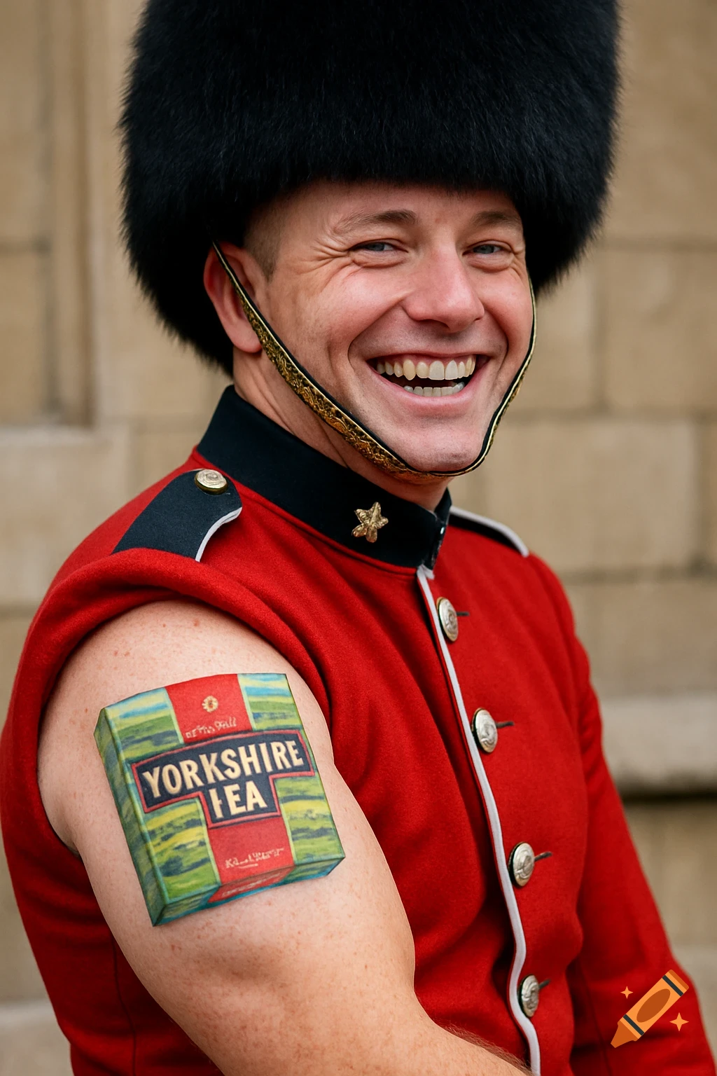 Smiling British soldier in uniform with a Yorkshire Tea box tattoo on his arm.