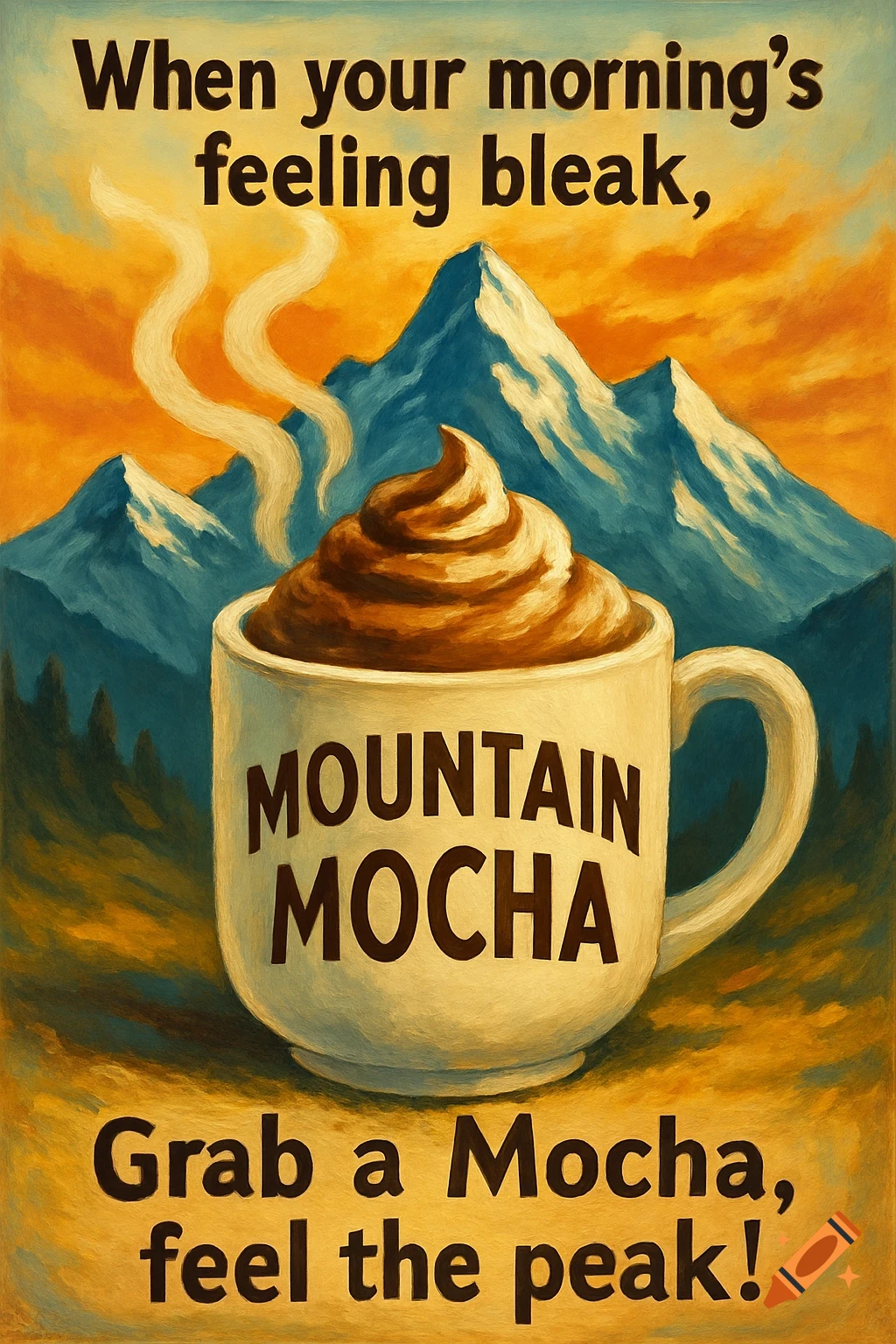 Vintage-style coffee poster showing a mug of mocha with mountains in the background and text jingle.