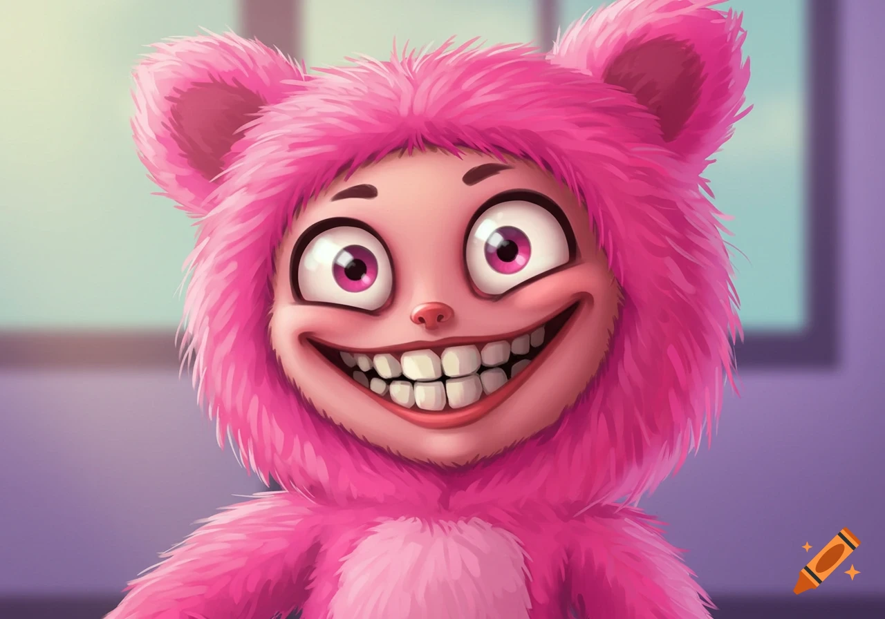 Cartoon character in a pink furry suit with a wide, creepy smile.