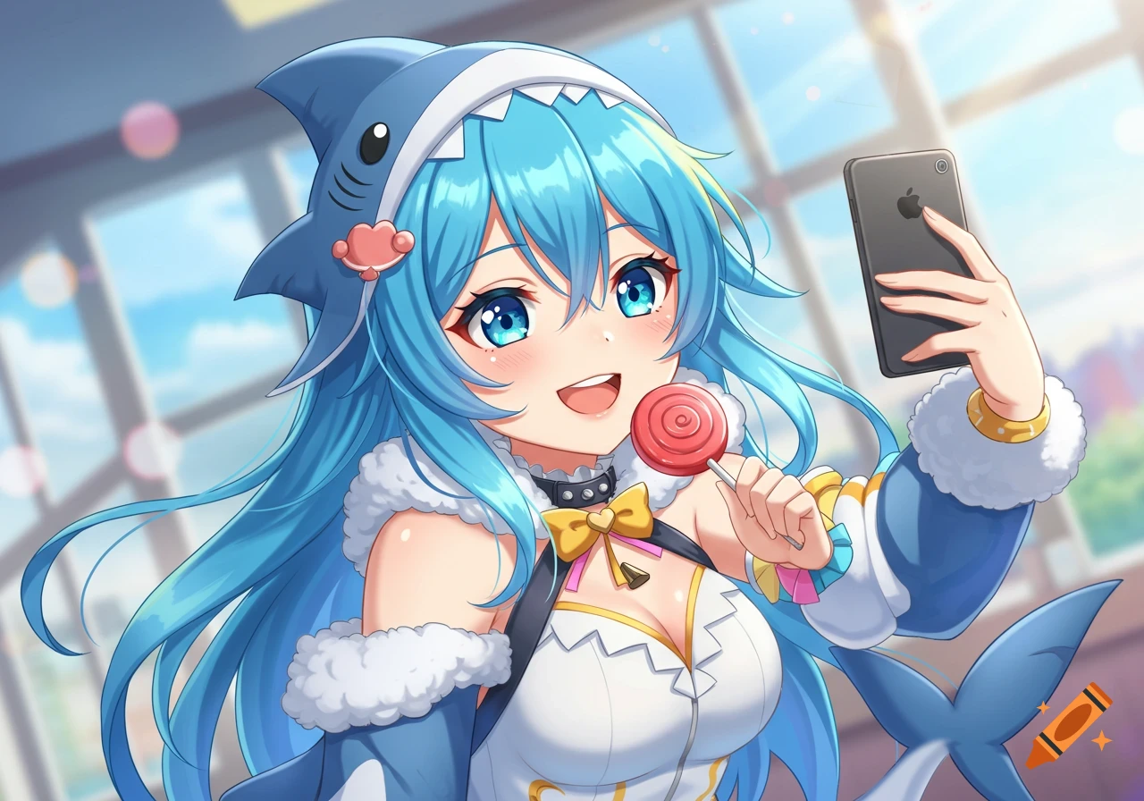 Anime girl in a shark outfit holds a lollipop and phone, smiling.