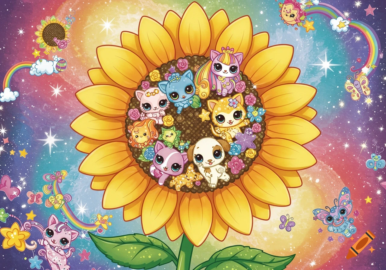 Cute animals inside a sunflower with rainbows and stars in Lisa Frank style.