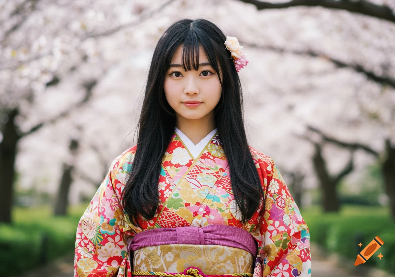 Portrait of a young woman in a colorful kimono standing among cherry blossom trees.