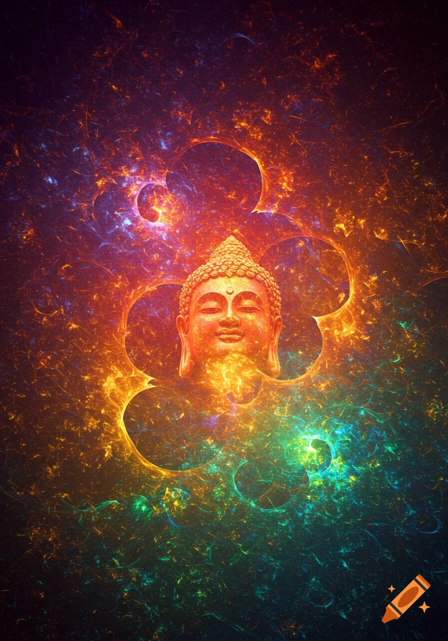 Buddha head surrounded by vibrant, swirling abstract fractal patterns in orange, red, yellow, and blue/green.