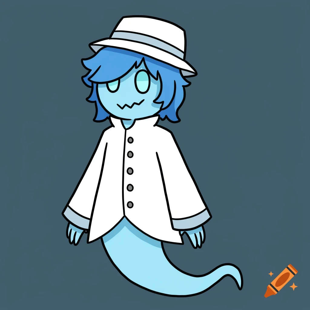 Cartoon light blue ghost with blue hair wearing a white hat and coat.