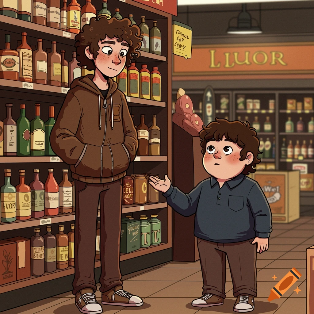 Cartoon boys in a store aisle with bottles on shelves.