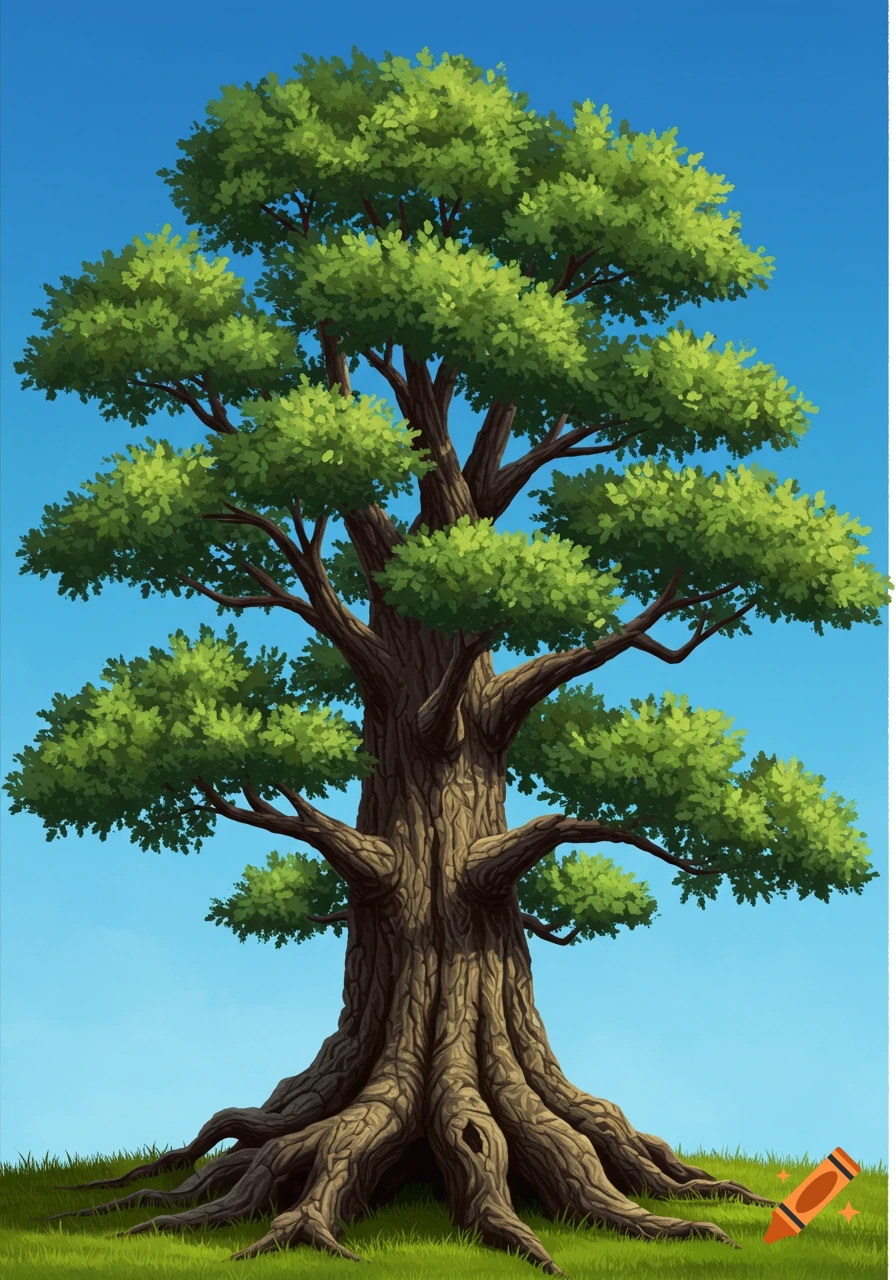 Large tree with broad canopy and thick roots illustrated against a blue sky.