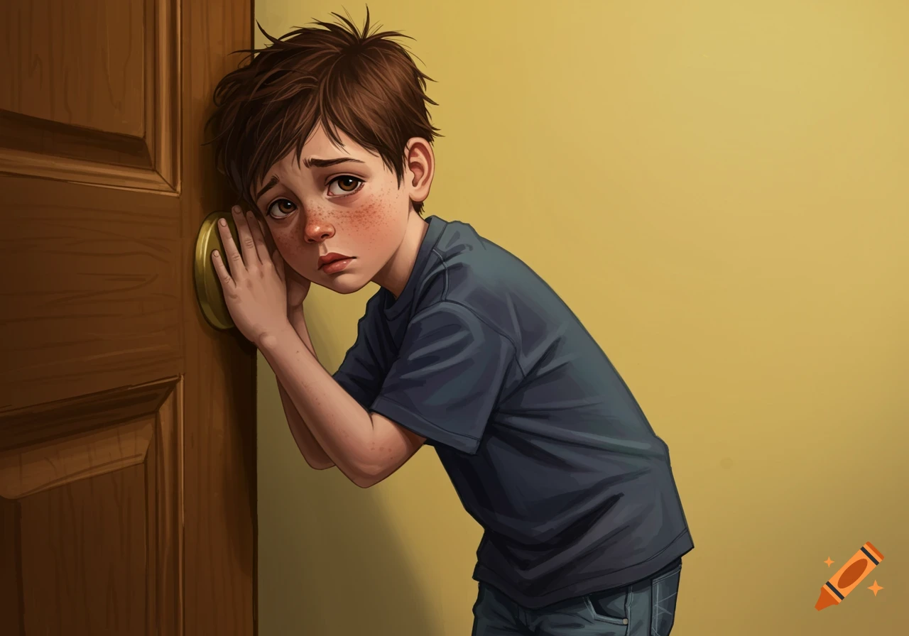 A young boy with brown hair and freckles leans his ear against a wooden door, looking upset. Digital illustration.