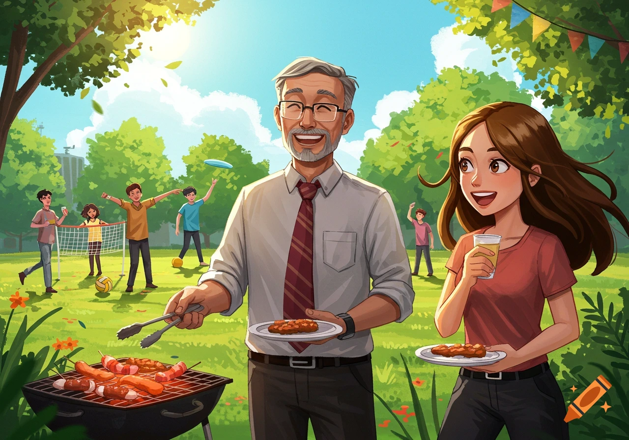 Illustration of people having a BBQ and playing games in a park