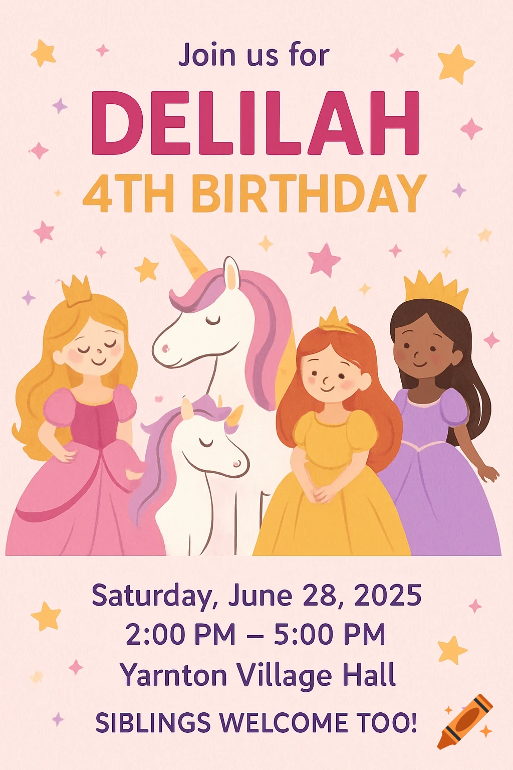 Birthday invitation with three princesses, two unicorns, and stars in a soft illustration style.