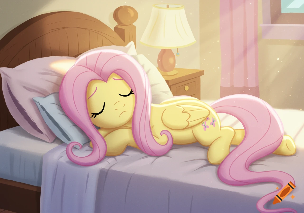 A yellow cartoon pony with a pink mane sleeps on its side on a bed in a sunny room.