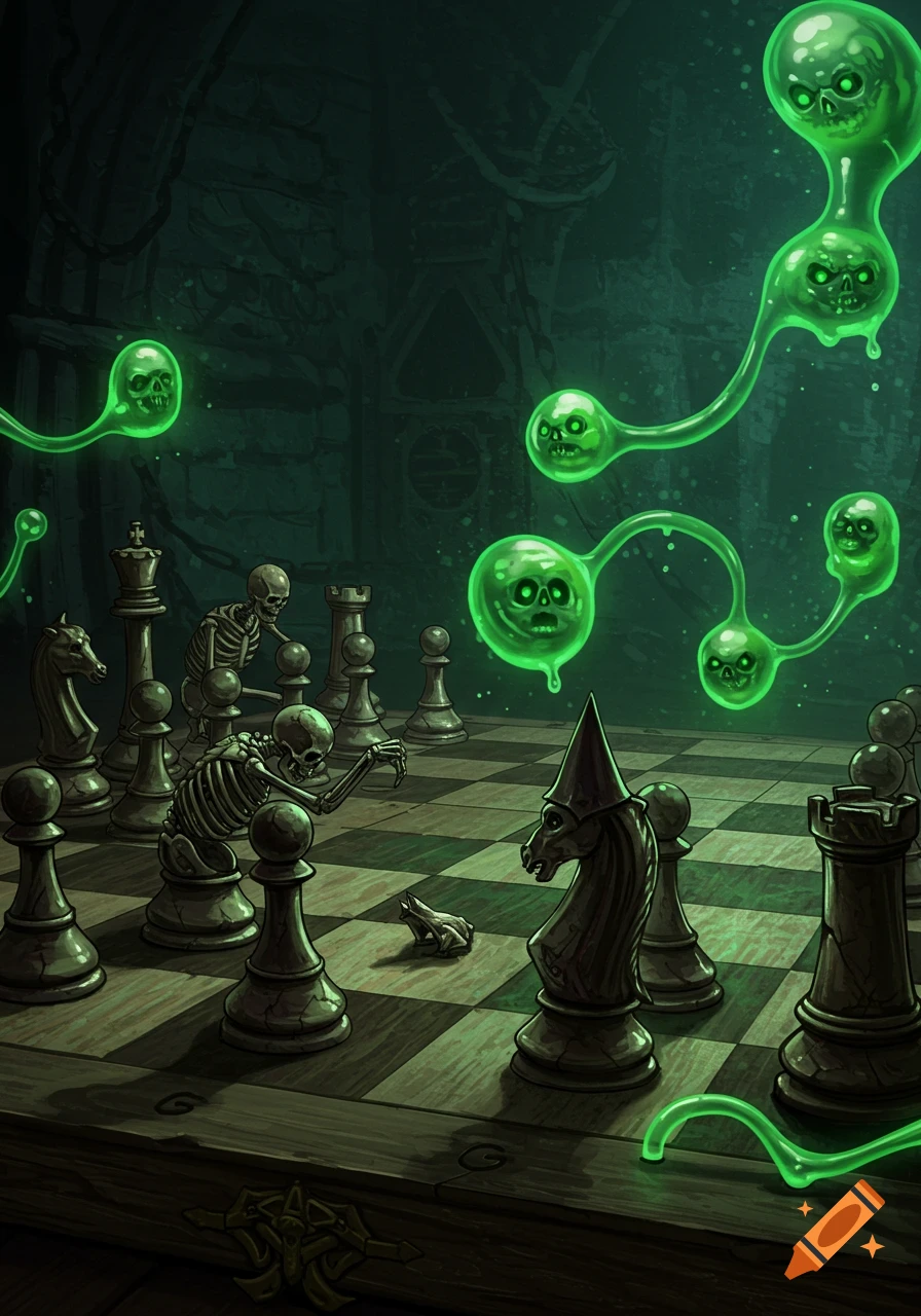 Illustrated skeletons playing chess with floating green skull-like blobs in a dark, creepy room.