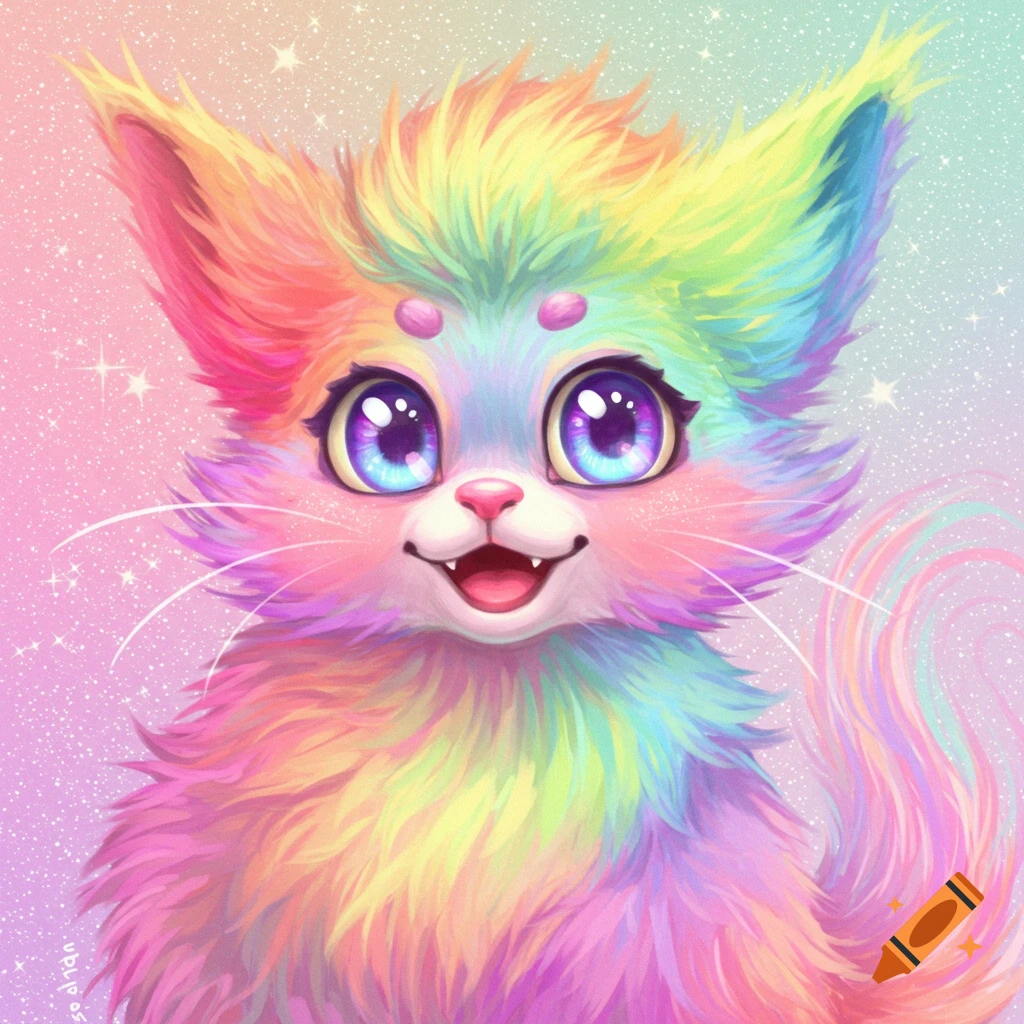 A fluffy rainbow fantasy creature with big eyes on a sparkly background, digital art.