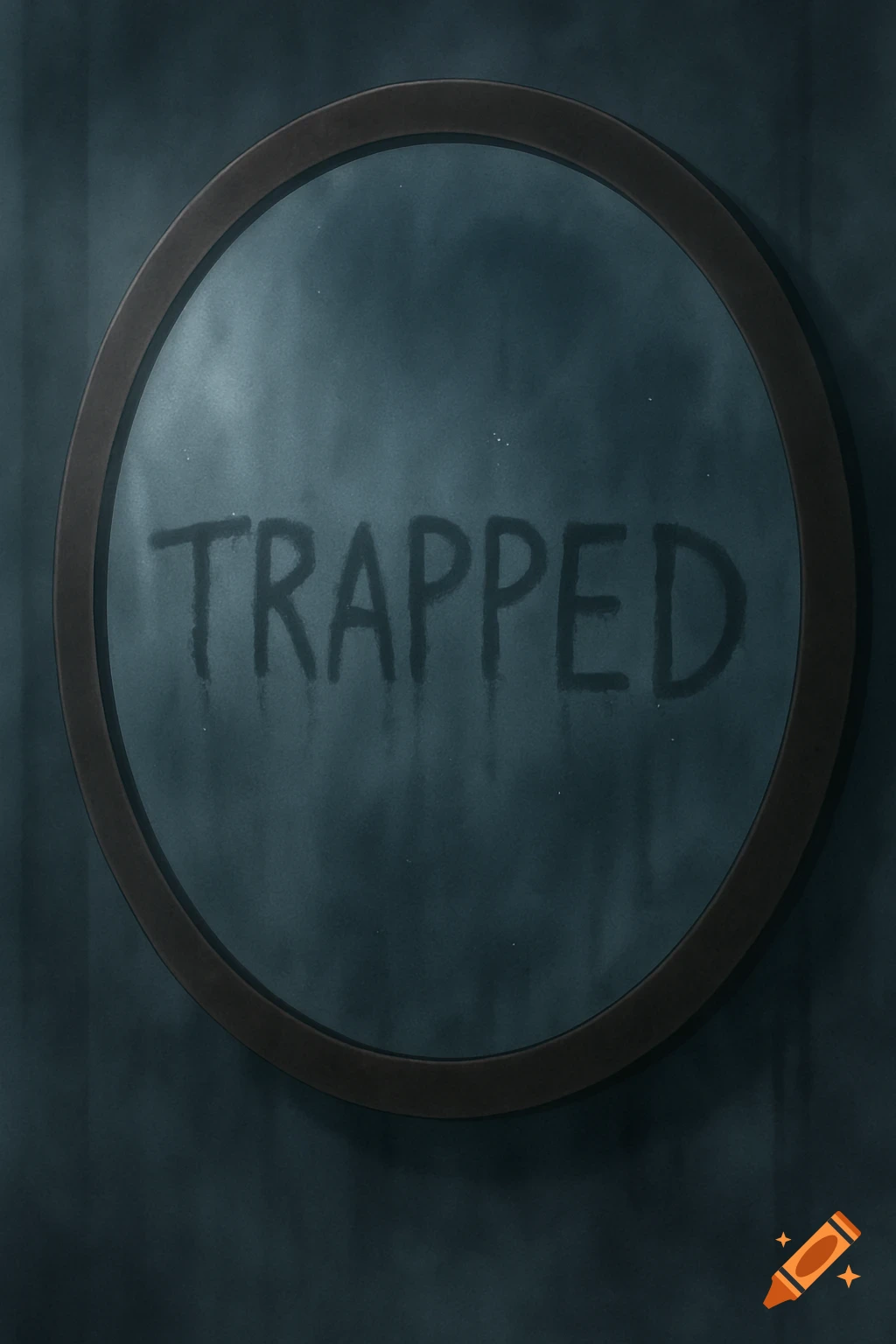 A fogged round mirror with the word TRAPPED written on it, anime style.