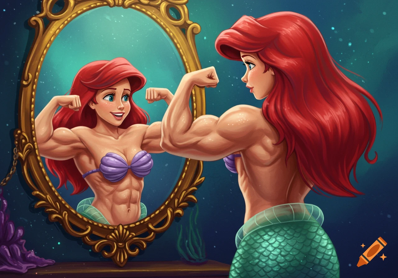Ariel the mermaid flexing her muscles in front of a mirror