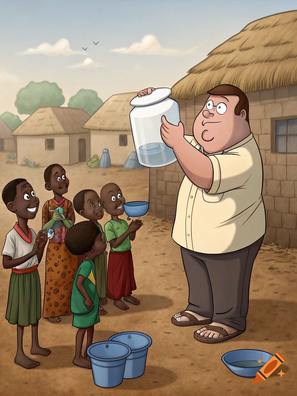 Cartoon man resembling Peter Griffin holds up a jar of water for children in a village.