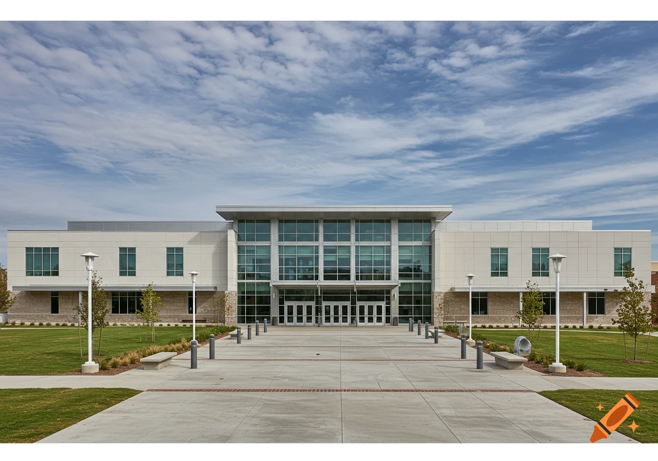 Exterior view of a large modern building with glass entrance and plaza under a cloudy sky.