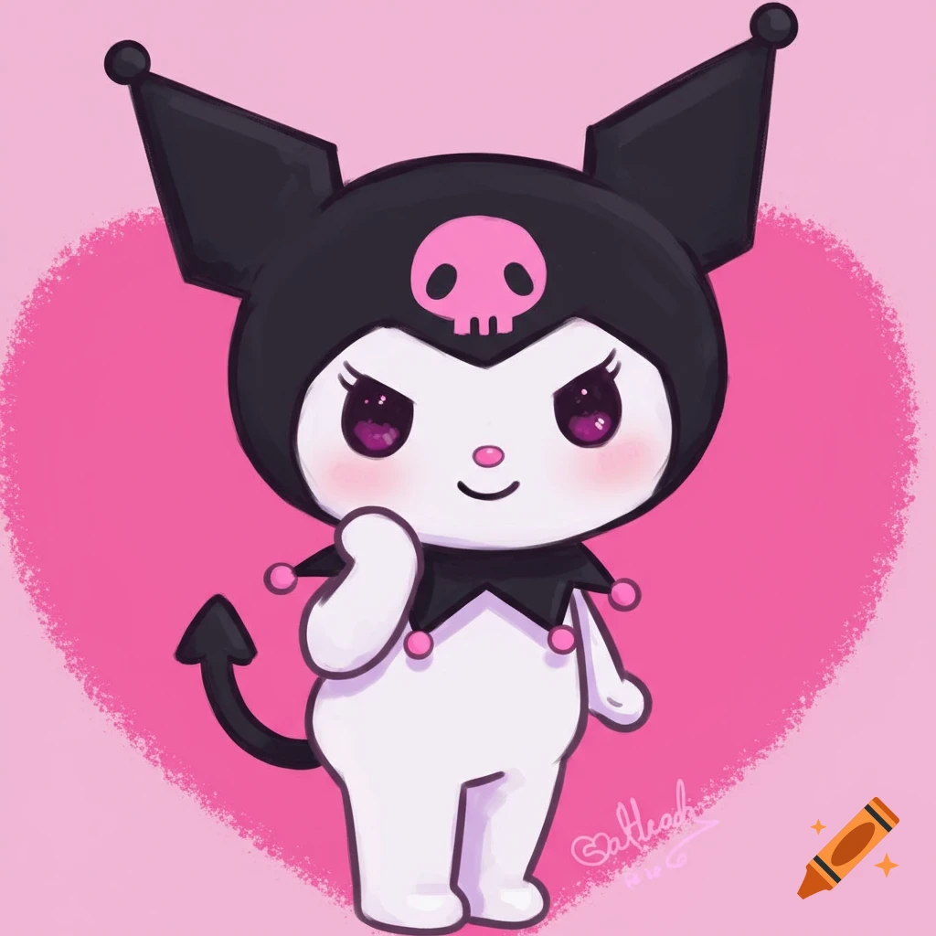 A drawing of the Sanrio character Kuromi with a pink heart background.