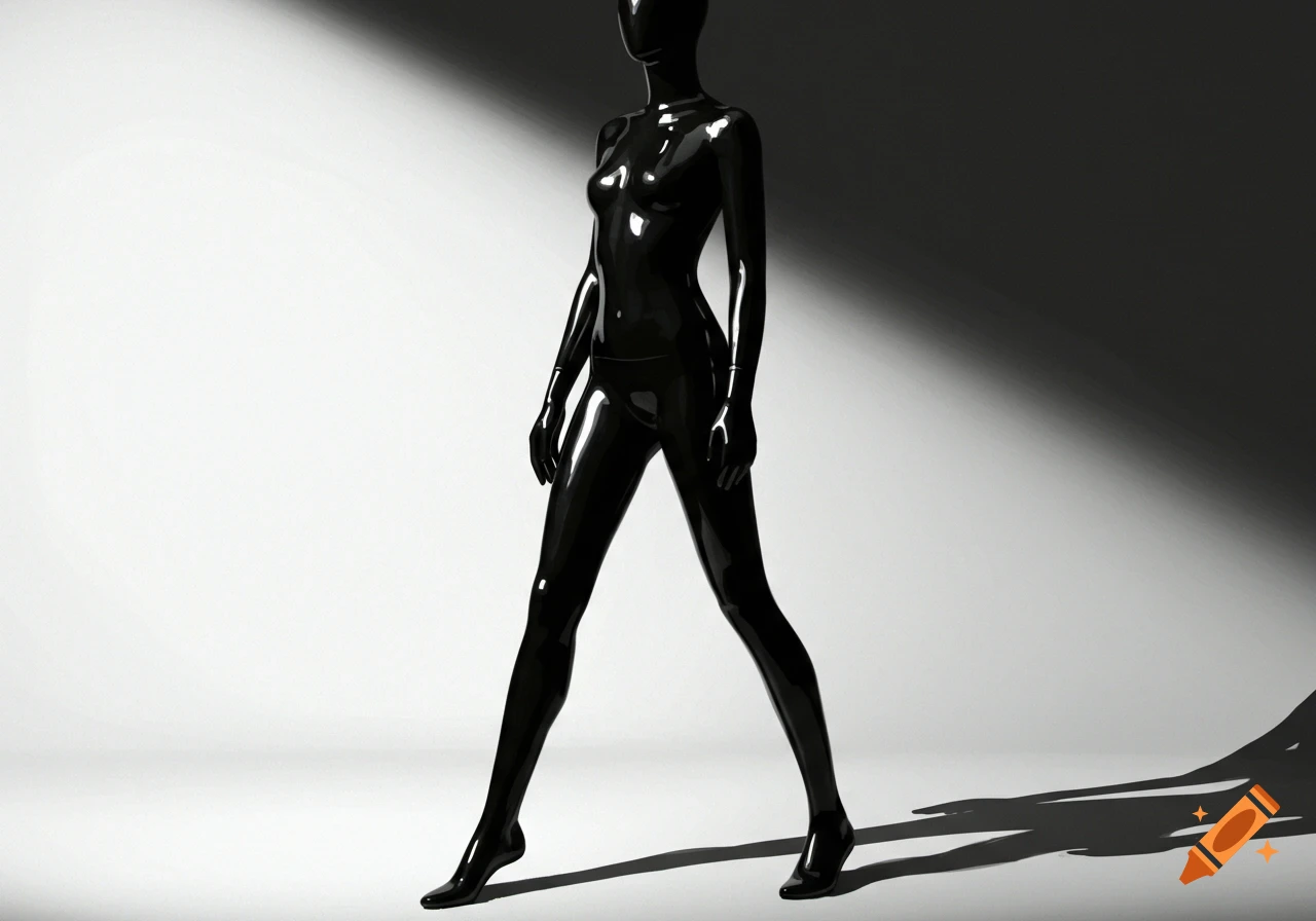 Shiny black latex mannequin against a spotlighted background.