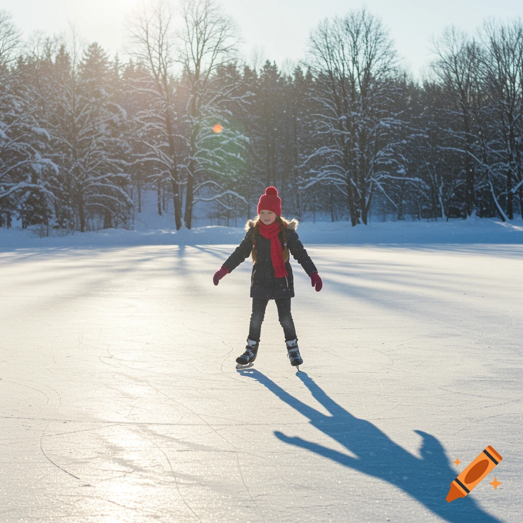 A young girl ice skates on a frozen lake in winter with trees in the background.