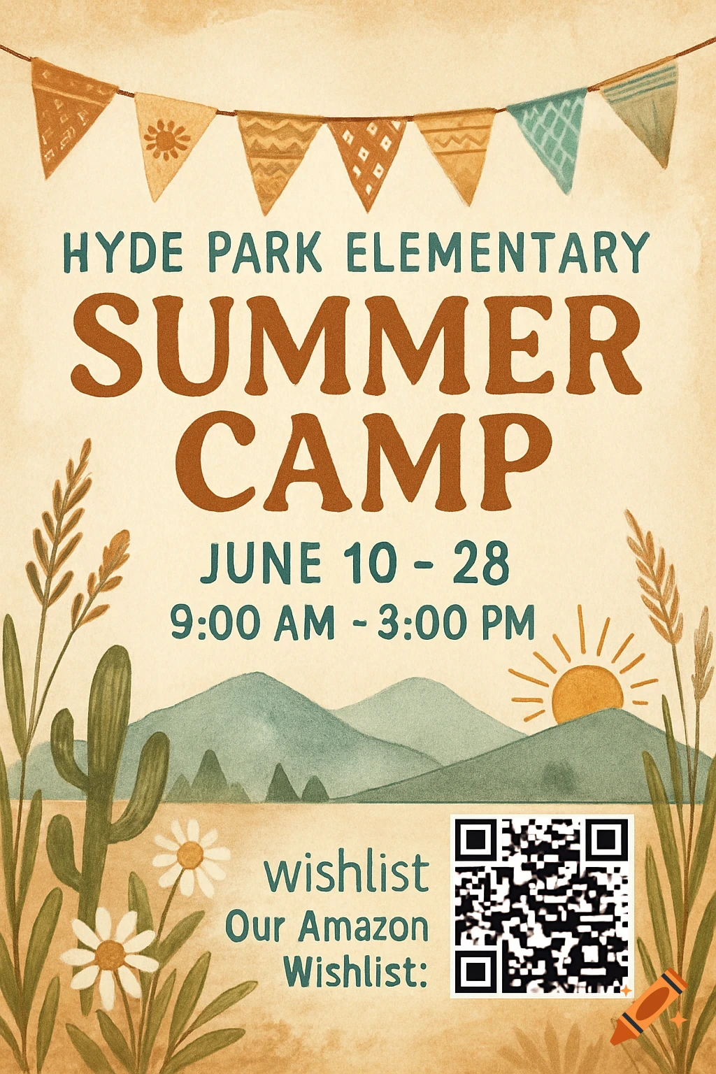 Watercolor flyer for Hyde Park Elementary Summer Camp with dates, times, Amazon wishlist text, and QR code.
