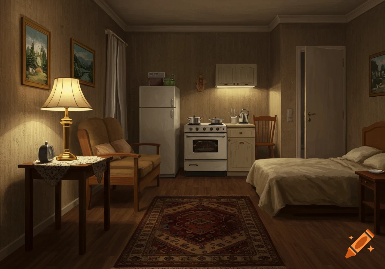 Interior view of a dimly lit room with a bed, chair, kitchen area, and carpet.