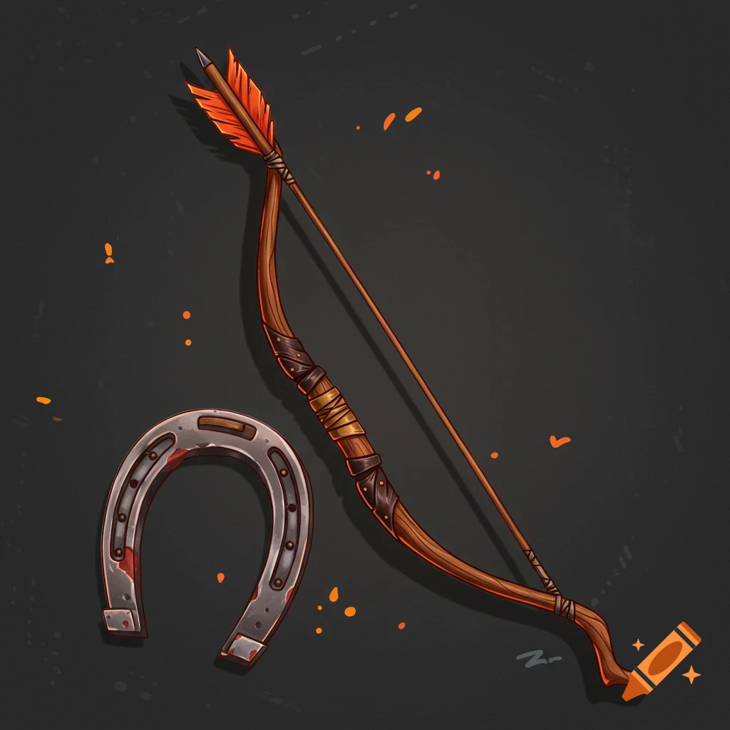 Stylized bow and arrow and horseshoe on a dark background with sparks.