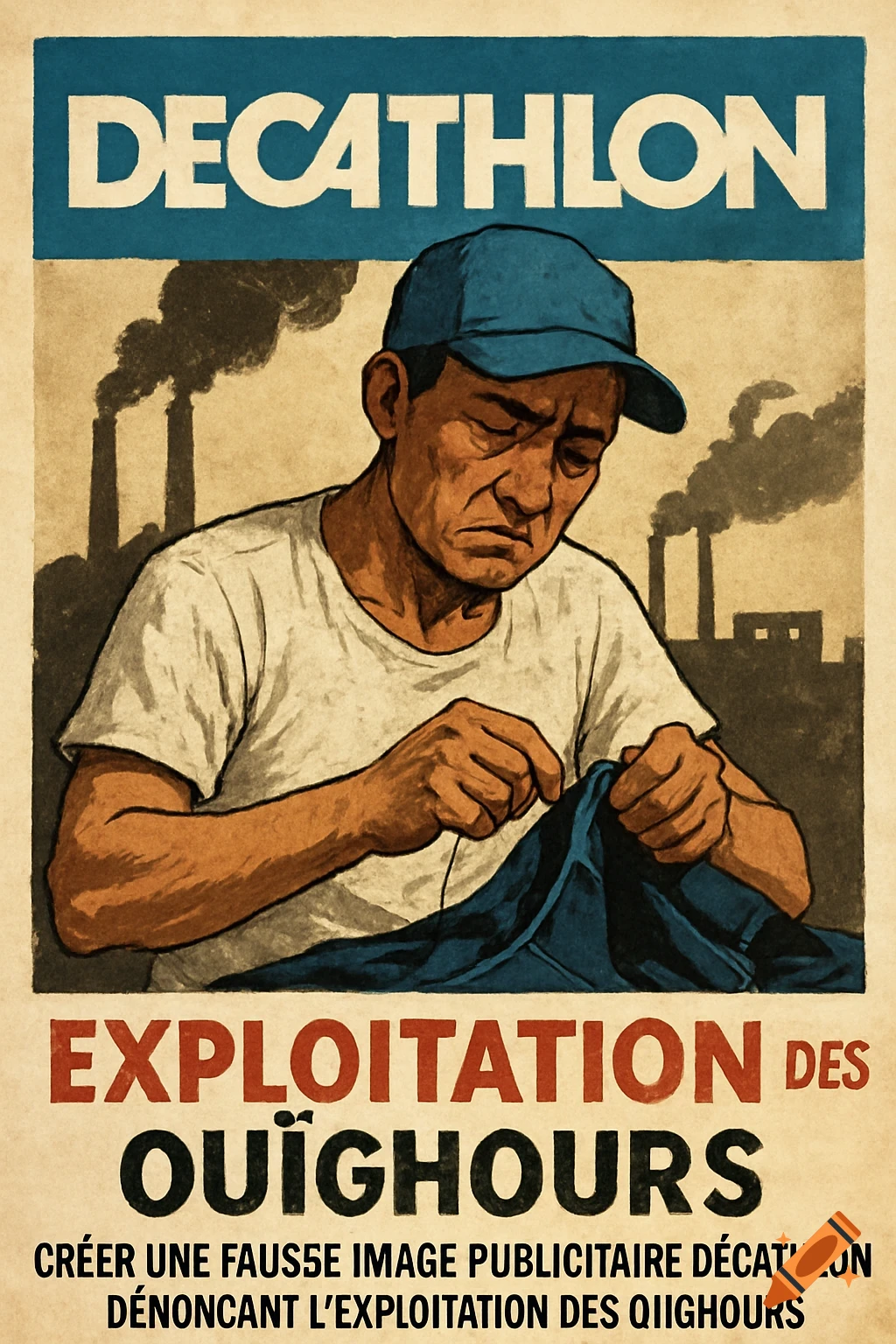 Poster in a propaganda style depicts a man sewing fabric, with factory smokestacks in the background. Text reads 'DECATHLON EXPLOITATION DES OUIÏGHOURS'.