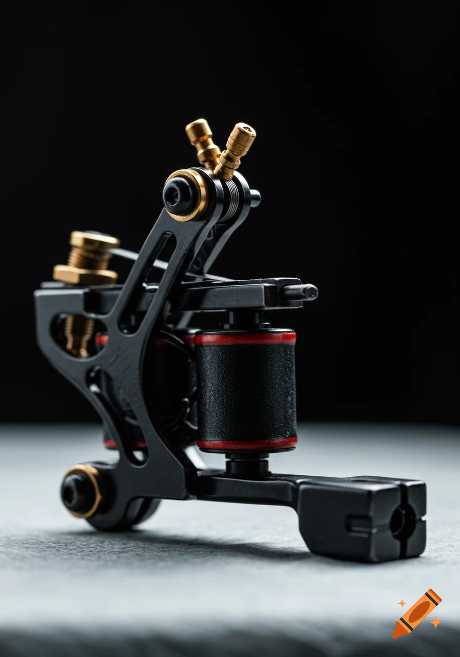 Close-up studio shot of a black and gold tattoo machine on a dark background.
