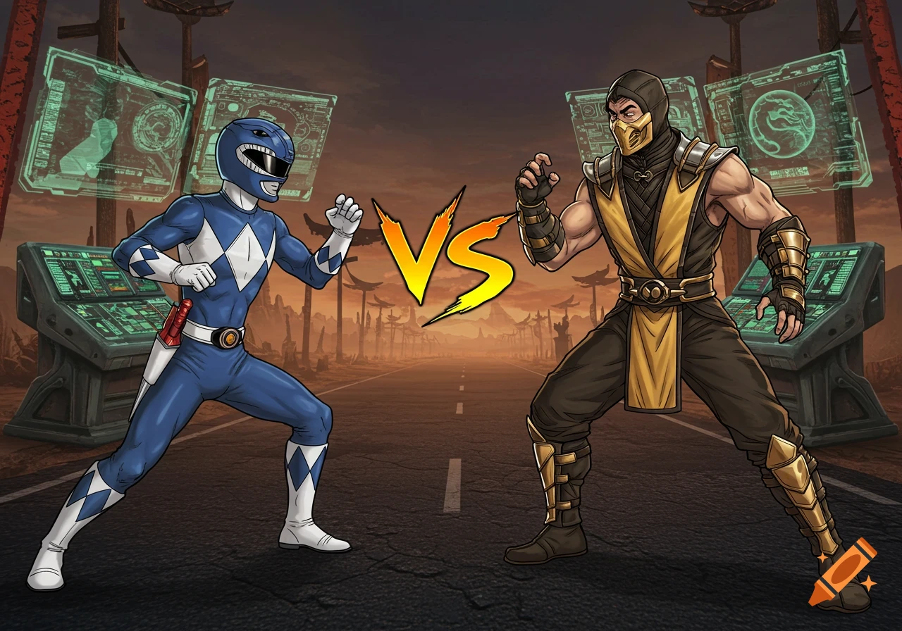 Blue Power Ranger fights Scorpion in a desert landscape with a VS symbol in a comic book style.