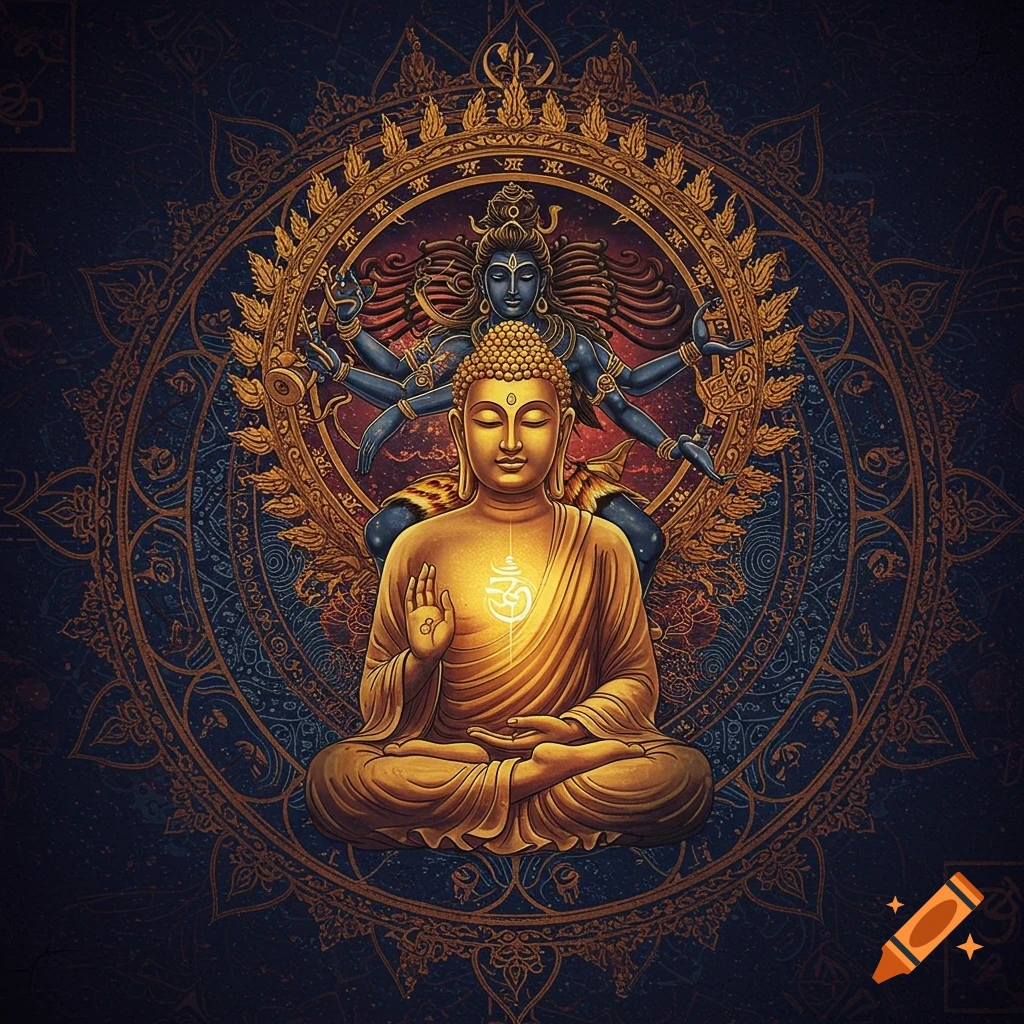 Golden Buddha figure with Om symbol on chest sits in meditation pose before a multi-armed blue deity within a gold and blue mandala.