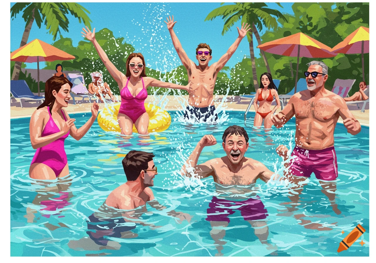 Illustration of a group of happy people splashing and having fun in a sunny swimming pool.