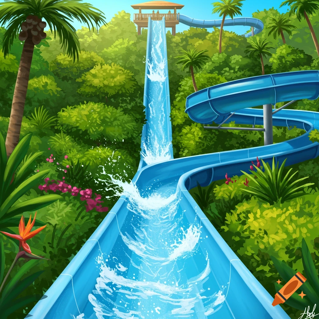Illustration of a blue water slide splashing through a lush tropical water park.