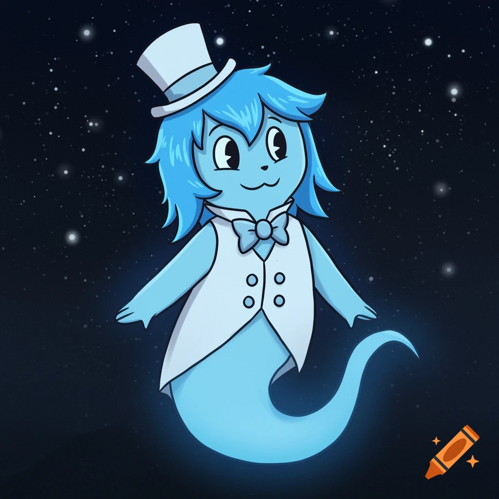 A cartoon light blue ghost wearing a white top hat and vest floats in space with stars.
