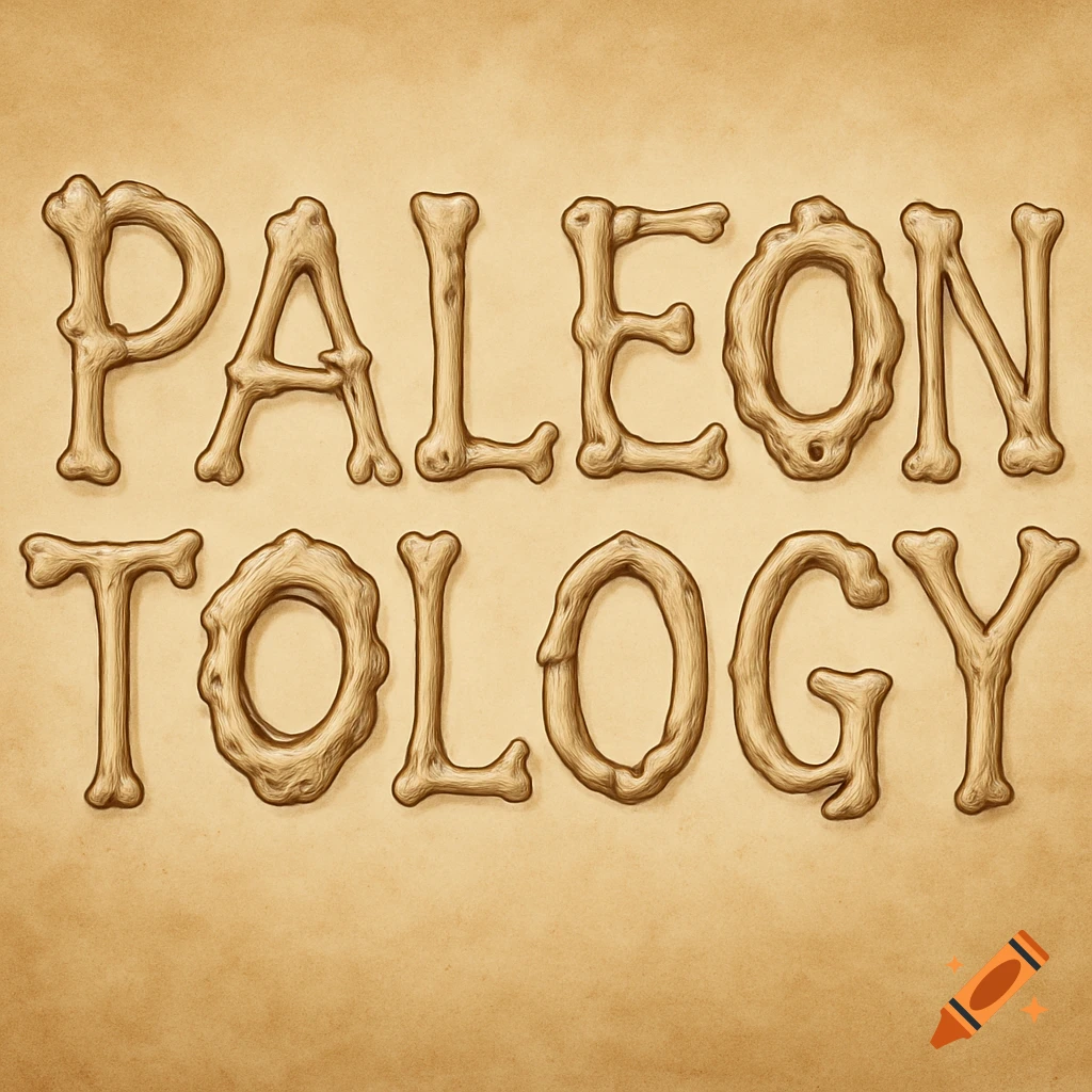 The word Paleontology spelled with brown bone shapes on a tan background