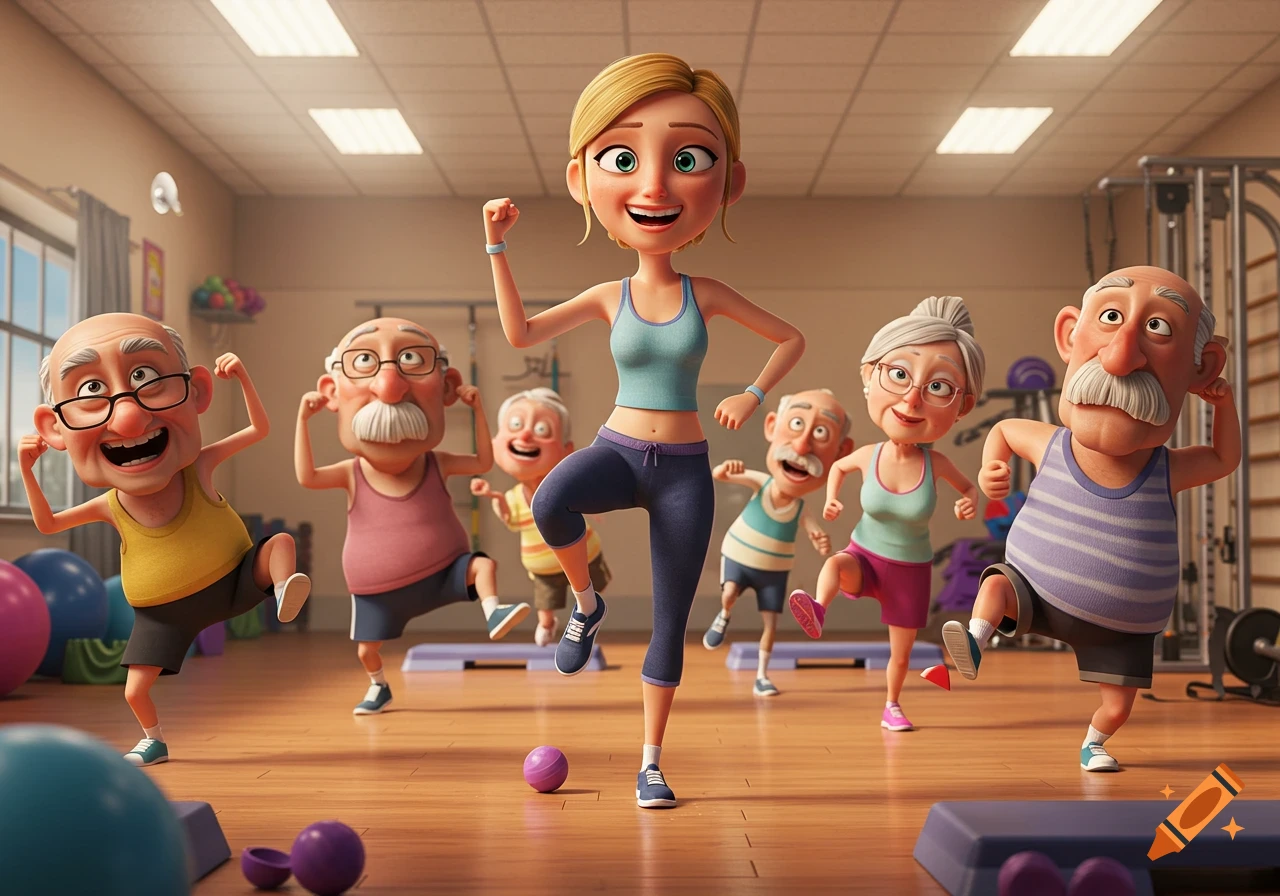 Cartoon senior citizens and an instructor doing aerobics in a gym